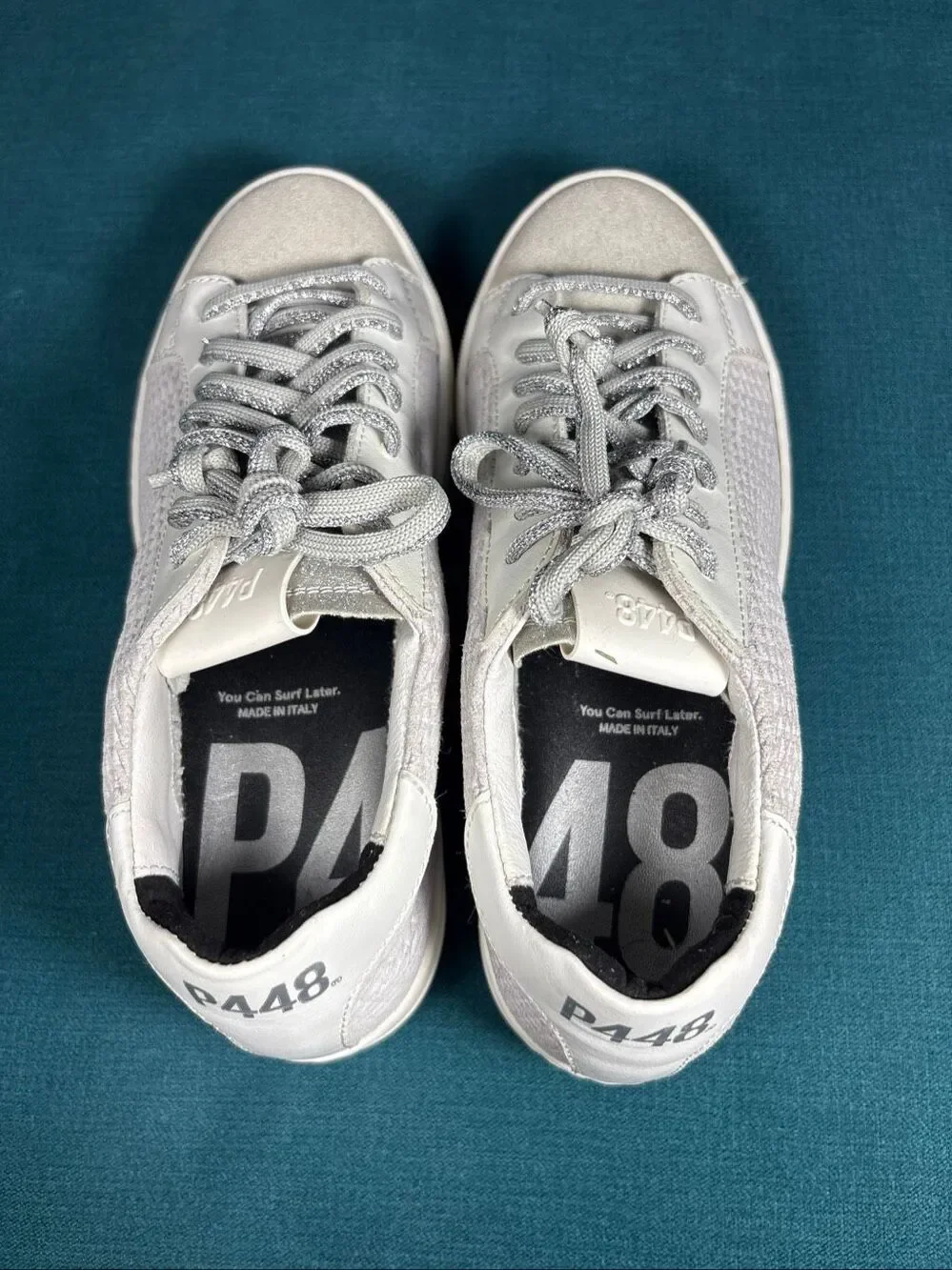 P448 Womens Size 37 EU US 7 White Woven Leather Low Top Platform Sneakers Italy